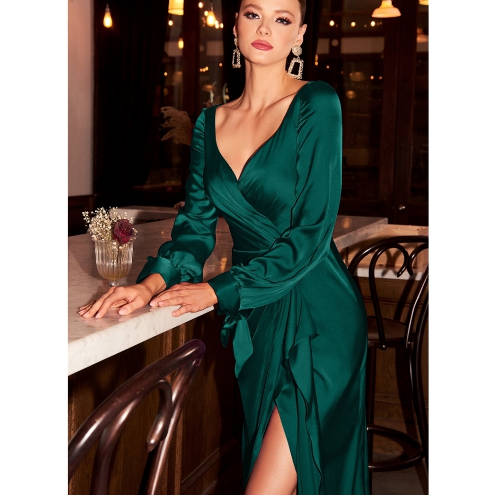 Long Blouson Sleeve Satin Fluid Drape Emerald Green Dress Front Slit 7478